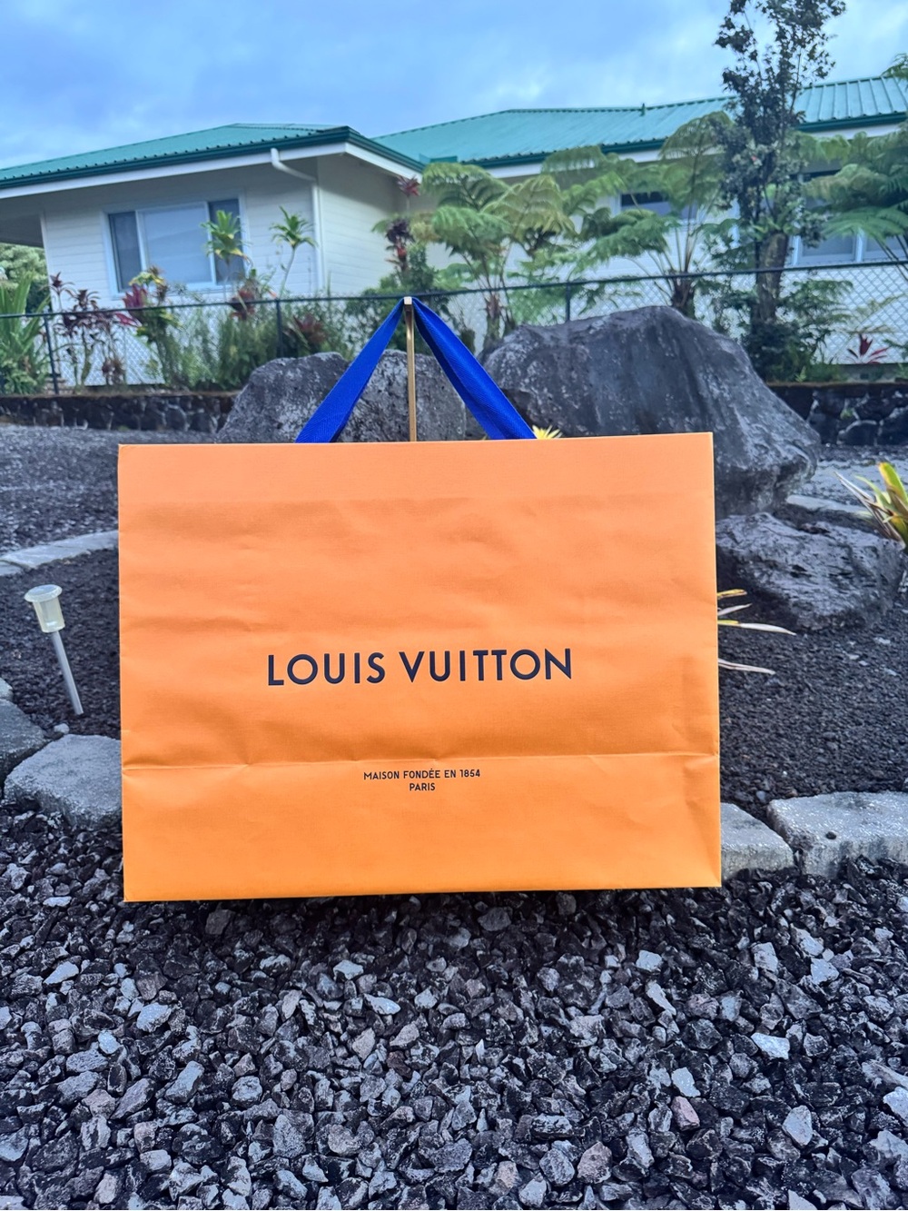 Louis Vuitton Large Orange Shopping Gift Bag Blue Handles